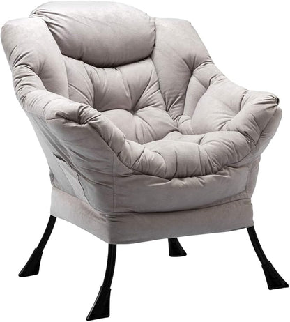 HollyHOME Modern Large Cotton Fabric Lazy Chair，Accent Contemporary Lounge Chair, Single Steel Frame Leisure Sofa Chair with Armrests and A Side Pocket, Grey