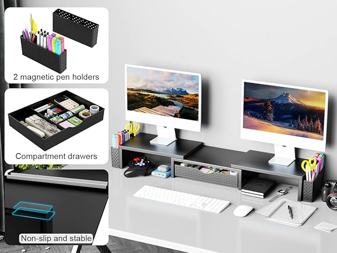 Spacrea Metal Desk Organizers and Accessories, Dual Monitor Stand Riser with Drawer and 2 Pen Holders, Desk Accessories & Workspace Desktop Organizers for Office Supplies (Black)