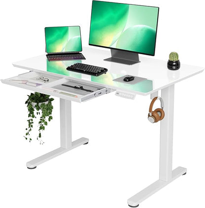 INNOVAR Glass Standing Desk with Drawers, 40×24 Inch Adjustable Stand Up Desk Quick Install Home Office Computer Desk, Super White