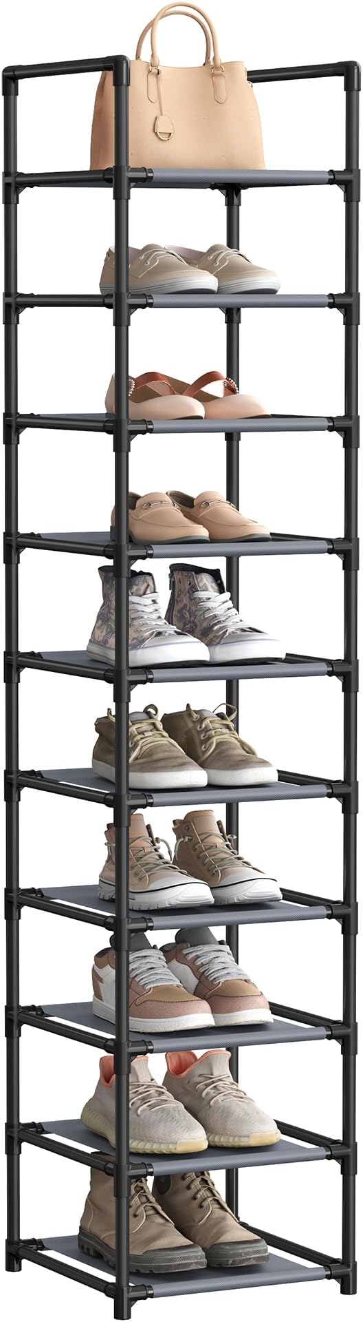 SONGMICS Shoe Rack, 10-Tier Shoe Shelf, Shoe Storage Organizer, 13 x 13 x 68 Inches, Metal Frame, Non-Woven Fabric Shelves, for Entryway, Bedroom, Gray ULSR110G01