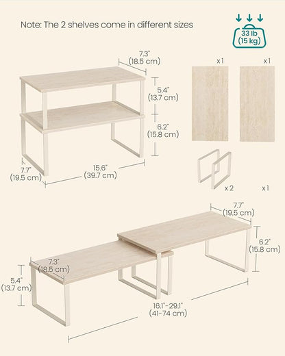 SONGMICS Cabinet Organizer Shelf, Set of 2 Kitchen Counter Shelves, Kitchen Storage, Spice Rack, Stackable, Expandable, Metal and Engineered Wood, Travertine Beige and Cream White UKCS025L01