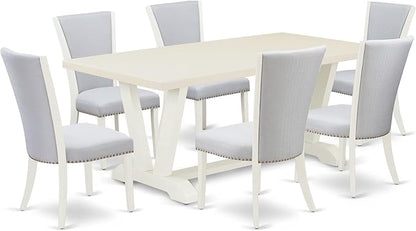 East West Furniture V027VE005-7 7 Piece Dining Set Consist of a Rectangle Dining Room Table with V-Legs and 6 Grey Linen Fabric Upholstered Parson Chairs, 40x72 Inch, Multi-Color