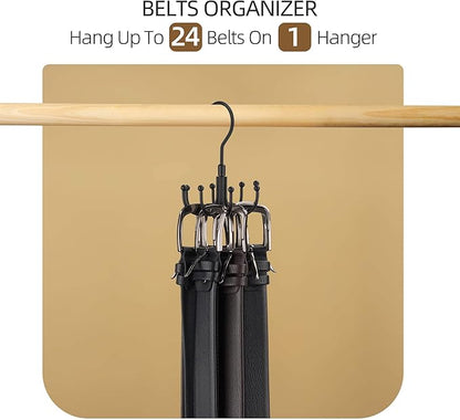 ZEDODIER Belt Organizer for Closet, Heavy-Duty Rotating Belt Hanger Rack Holds up to 24 Belts, Hanging Space Saving Metal Belt Holder for Closet Storage, Black