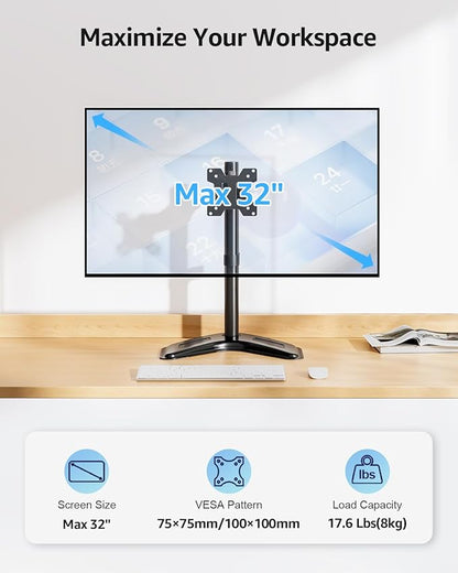 MOUNTUP Single Monitor Stands, Freestanding VESA Monitor Desk Mount fits 13'' to 32'' Computer Screen with Height Adjustable, Swivel, Tilt, Rotation, Holds up to 17.6 lbs, VESA 75x75/100x100 MU0023
