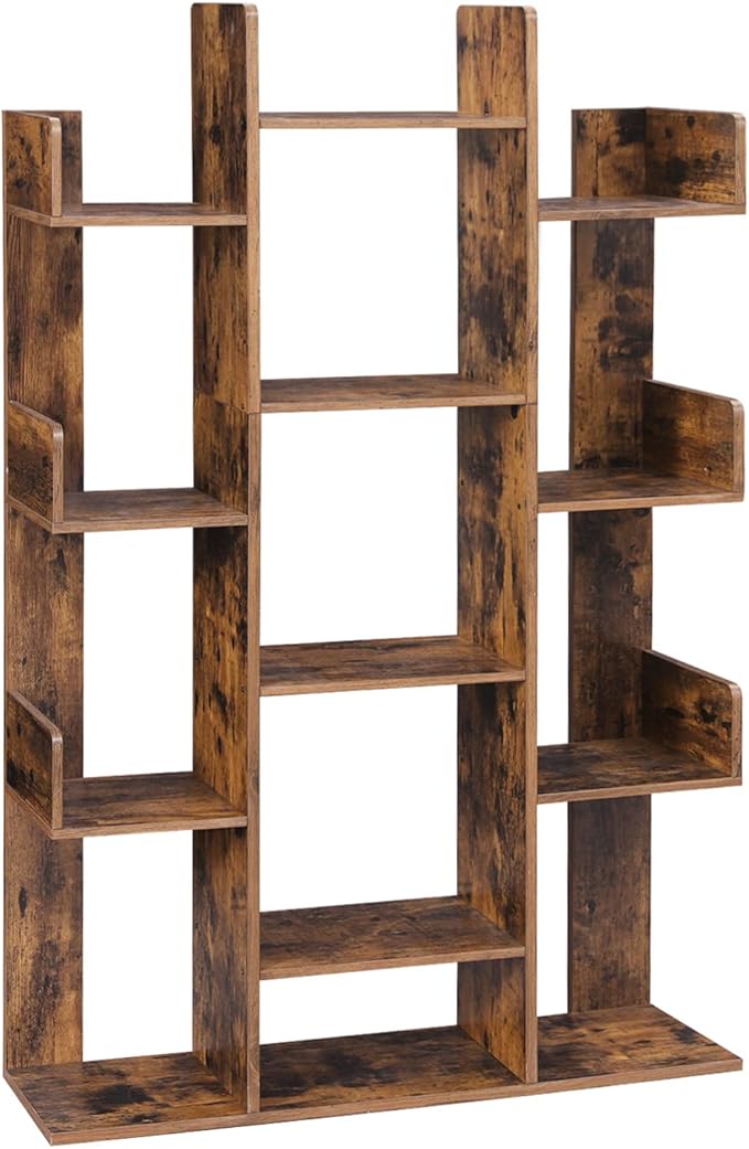 VASAGLE Bookshelf, Tree-Shaped Bookcase with 13 Storage Shelves, Rounded Corners & 9-Tier Floor Standing Tree Bookshelf, with Shelves for Living Room, Home Office, Rustic Brown ULBC11BX