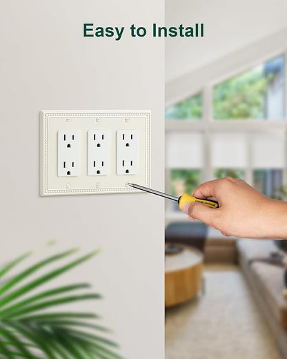 2-Pack Triple Decorator Outlet Cover Plate, Light Almond Pearls Decorative Switch Plates Covers, Metal Wall Plates for Electrical Outlets, Receptacle, GFCI Outlet, Dimmer Switch