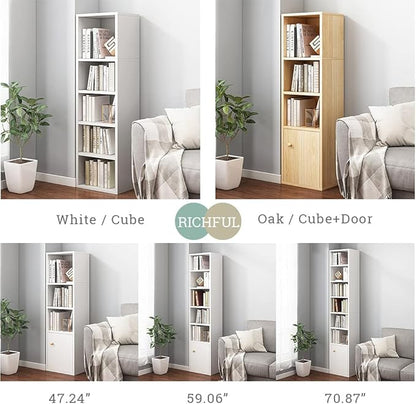 IOTXY Small Narrow Corner Bookcase - 59" Tall Free Standing Gap Storage Cabinet, 6 Lattices Open Shelves Tower Rack with Door, Cubes Bookshelf, White