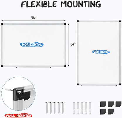OLIXIS Magnetic White Board, Dry Erase Board for Wall 32" x 48", Whiteboard with 1 Dry Eraser & 2 Multicolor Markers & 4 Magnetic Pins, Aluminium Frame for Home, School, Office, White