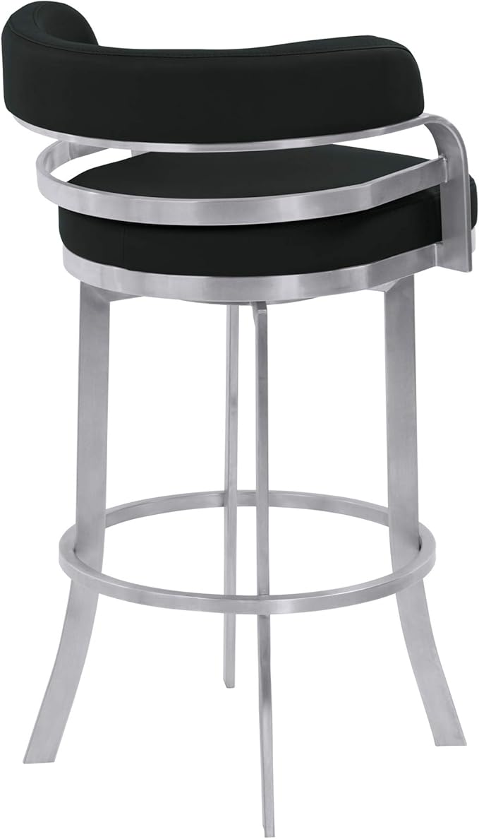 Armen Living Prinz 26" Counter Height Swivel Barstool in Black Faux Leather and Brushed Stainless Steel Finish