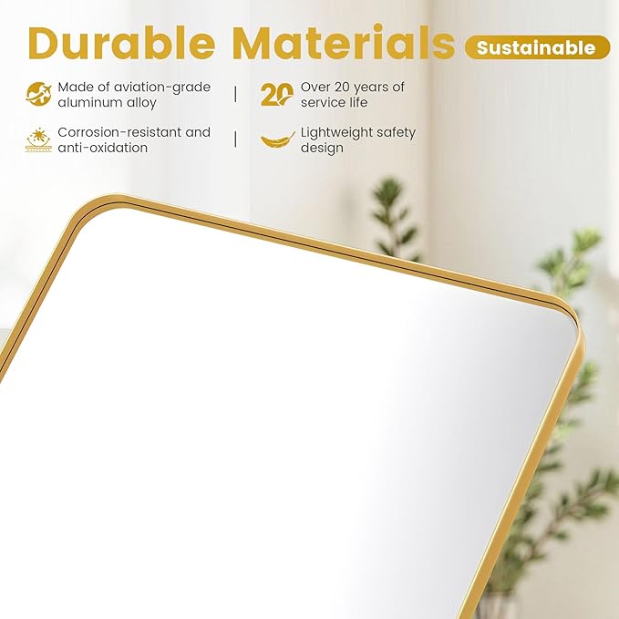 36"X36" Large Gold Metal Framed Bathroom Mirror for Wall, Large Mirrors for Spacious Rooms,Gold Rounded Rectangle Mirror, Brushed Gold Bathroom Vanity Mirror Farmhouse, Anti-Rust, Tempered Glass