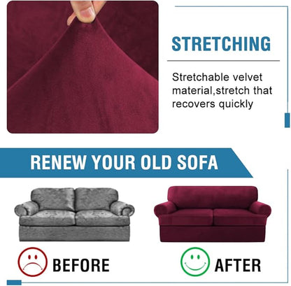 H.VERSAILTEX Sofa Cover 3 Piece T Cushion Sofa Slipcovers Thick Velvet Couch Cover Furniture Protector Stretch T Cushion Sofa Covers for 2 Cushion Couch with 2 Individual T Cushion Covers, Burgundy