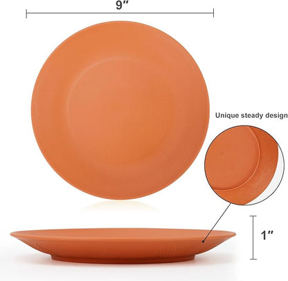 Homienly Flat Dinner Plate Set of 8 - Alternative for Plastic, Microwave and Dishwasher Safe, Wheat Straw Dinnerware for Kitchen, Unbreakable Kids (Orange, 9 Inch), MS 01