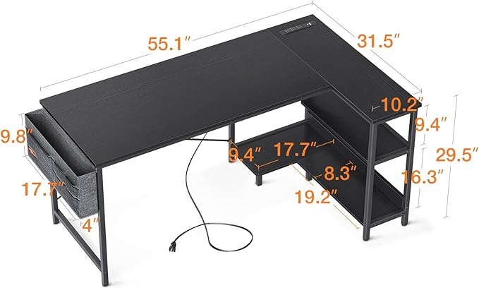 ODK 55 Inch Small L Shaped Computer Desk with Power Outlets, Corner Desk with PC Stand & Reversible Storage Shelves for Small Space Home Office Workstation, Modern Simple Writing Study Table, Black