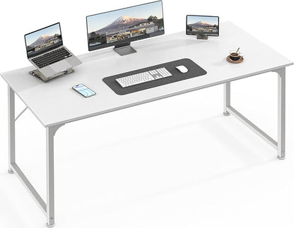 Huuger Computer Desk, 55 Inch Home Office Desk, Gaming Writing Work from Home Study Desk, Large Legroom, Sturdy Metal Frame, Modern Simple, White