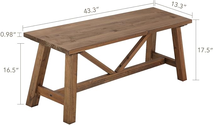 Wnutrees 43" Farmhouse Wood Bench, Narrow Bench, Long Bench Seat for Entryway, Living Room, Dining Room, Solid Wood, Natural