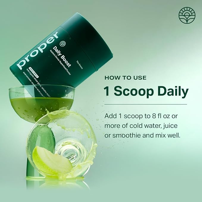 Proper, The Greens Daily Boost Organic Greens Powder. Whole Food, Apple Flavour Veggie Powder Superfood with Wheatgrass, Spirulina, Chlorella, Probiotics. Daily Drink Mix for Wellness and Digestion