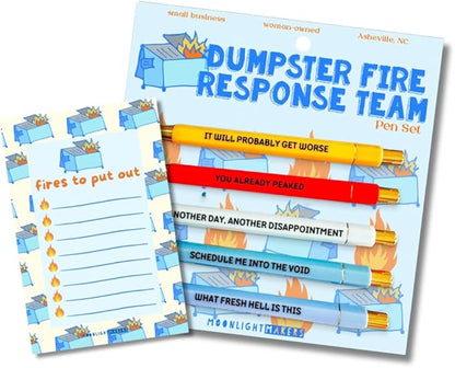 Moonlight Makers Funny Pens and Notepad Stationery Set - 5 Dumpster Fire Response Team Engraved Ballpoint Pens with Black Ink, Fires To Put Out Notepad, Cute Desk Supplies, Funny Work Gifts for Women