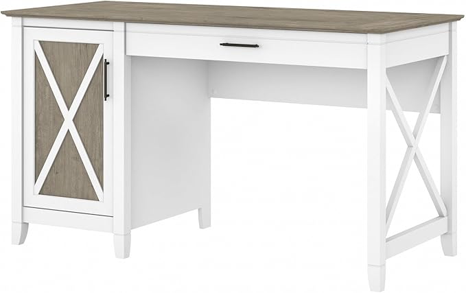 Bush Furniture Key West Computer Desk with Storage | Farmhouse PC Table for Home Office in Pure White and Shiplap Gray | 54W x 24D