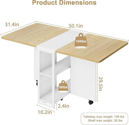 GarveeHome Folding Dining Table, Space Saving Farmhouse Dining Table for 4 Storage Shelf, 6 Wheels Multipose Expandable Kitchen Drop Leaf Table for Small Space (Pear Wood, 50.1"D x 31.4"W x 29.5"H)