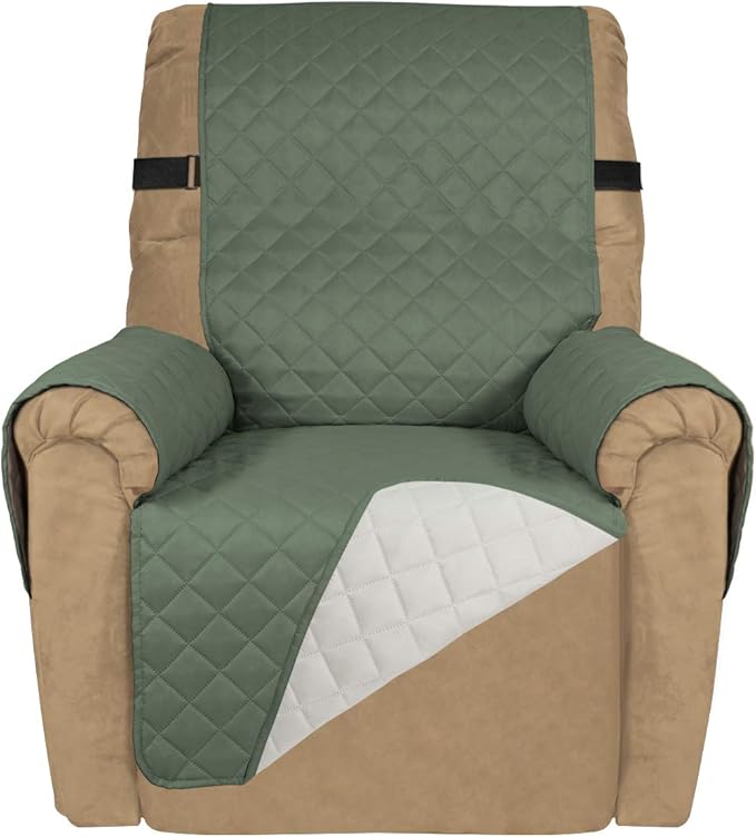 PureFit Reversible Sofa Cover Water Resistant Recliner Couch Cover, Machine Washable Furniture Cover with Adjustable Strap for Dogs, Pets (Recliner, Grayish Green/Ivory)