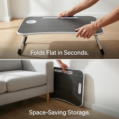 BUYIFY Folding Lap Desk, 23 Inch Portable Wood Black Laptop Bed Desk Lap Desk with Cup Holder, for Working Reading Writing, Eating, Watching Movies for Bed Sofa Couch Floor