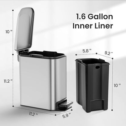 Cesun Small Bathroom Trash Can with Lid Soft Close, Step Pedal, 6 Liter / 1.6 Gallon Stainless Steel Mini Garbage Can for Office, Outdoor Trash Bin with Removable Inner Bucket (Silver)