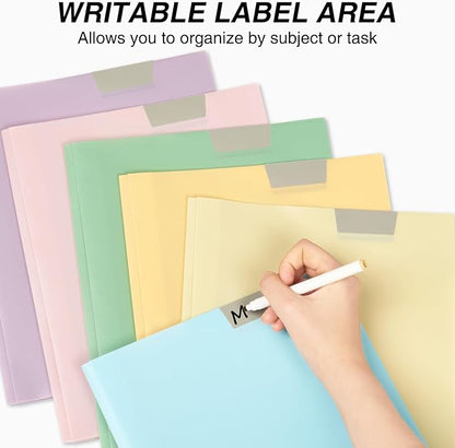 Sooez 6 Pack Plastic Folders with Pockets and Prongs, 3 Prong Folders with Pockets and Writable Label, Heavy Duty 2 Pocket Folder with Brads, Letter Size Prong Folder for School Office, Pastels Color