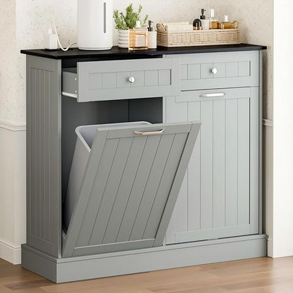 GAZHOME 20 Gallon Double Tilt Out Wooden Trash Cabinet with Charging Station, Upgrade Free Standing Recycling Cabinet with Outlet,Gray