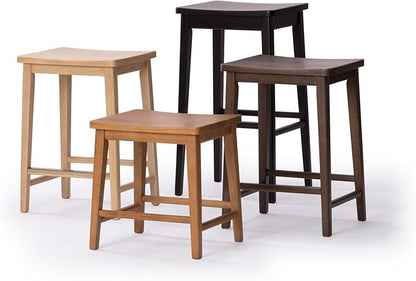 Plank+Beam Smythe Dining Stool, 18",Set of 4, Sturdy Wood Modern Kitchen Stool, Saddle Seat Backless Chair, Metal Footrest, Black