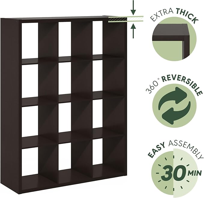 Furinno Cubicle Open Back Decorative Cube Storage Organizer, 12-Cube, Black Dark Oak
