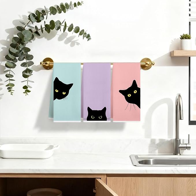 Preppy Black Cat Kitchen Dish Towels, Black Cat Gifts for Women, Dopamine Cute Kitty Kitten Decorative Hand Tea Towels for Bathroom Kitchen, 16x24 Inches Set of 3