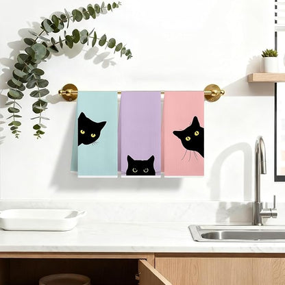 Preppy Black Cat Kitchen Dish Towels, Black Cat Gifts for Women, Dopamine Cute Kitty Kitten Decorative Hand Tea Towels for Bathroom Kitchen, 16x24 Inches Set of 3