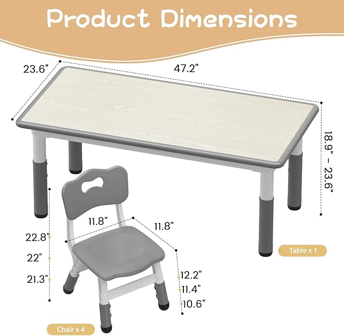 GarveeHome Kids Table and 4 Chairs Set, Height Adjustable Toddler Table and Chair Set for 4, Graffiti Desktop, Non-Slip Children Table for Home Daycare Preschool for Ages 2-8, Grey