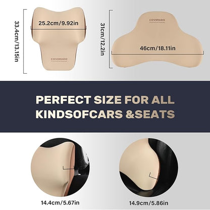 Coverado Lumbar Support and Car Neck Pillow, Ergonomic Memory Foam Desk Chair Cushion and Headrest Pillow for Car Office Chair, Sciatica & Neck & Tailbone Pain Relief Cushion-Beige