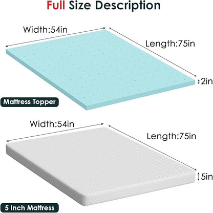 FDW | 5" Full Mattress + 2" Cooling Mattress Topper | Gel Memory Foam | Medium Firm Feel | White | with Washable Cover for Cool Sleep and Pressure Relief | Bed in a Box, CertiPUR-US Certified