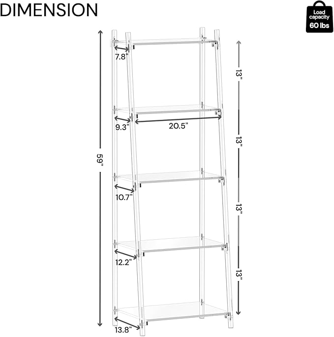 Acrylic Ladder Bookshelf, 13.8" D x 20.5" W x 59" H, 5-Tier Tall Clear Bookcase, Multifunctional Storage Book Shelf for Living Room, Bedroom, Office, Modern, Easy Assembly