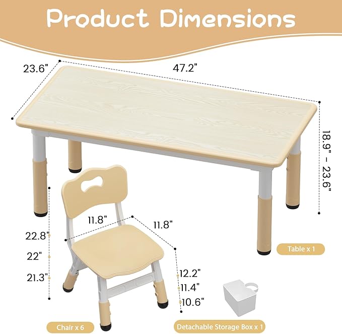 GarveeHome Kids Table and 6 Chairs Set, Height Adjustable Toddler Table and Chair Set, Graffiti Desktop, Children Study Play Dinner Table for Home Daycare Preschool for Ages 2-8, Beige