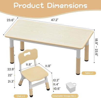 GarveeHome Kids Table and 6 Chairs Set, Height Adjustable Toddler Table and Chair Set, Graffiti Desktop, Children Study Play Dinner Table for Home Daycare Preschool for Ages 2-8, Beige