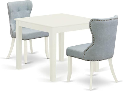 East West Furniture OXSI3-LWH-15 3 Piece Dining Room Furniture Set Contains a Square Dining Table and 2 Baby Blue Linen Fabric Upholstered Parson Chairs, 36x36 Inch, Linen White