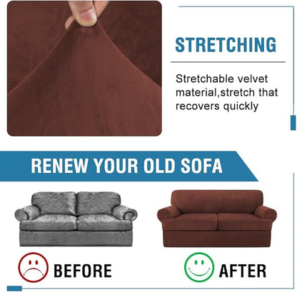 H.VERSAILTEX Sofa Cover 3 Piece T Cushion Loveseat Slipcovers Thick Velvet Couch Cover Stretch T Cushion Sofa Covers for 2 Cushion Couch with 2 Individual T Cushion Covers, Burnt Brick