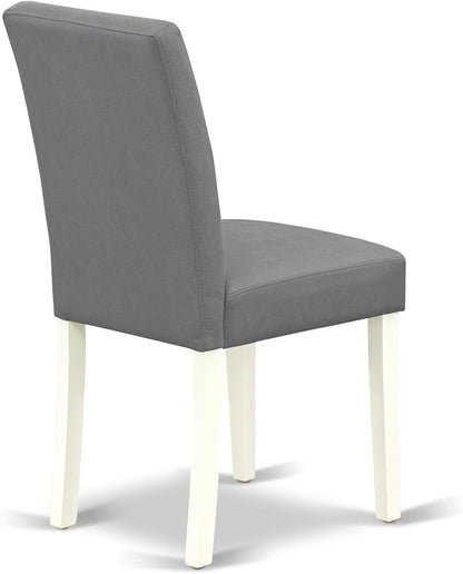 East West Furniture VAAS7-LWH-41 7 Piece Modern Dining Table Set contain A Dinner Table and 6 Platinum Gray Polyester Fabric Wooden Chairs with Stylish Back- Linen White Finish