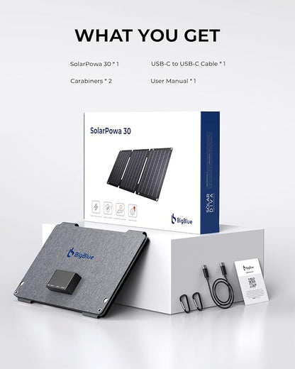 BigBlue 30W Solar Panel Charger with Fast Charging USB-A, USB-C and DC Ports, IP68 Waterproof, Portable Folding Solar Charger Compatible with iPhone, iPad, Samsung, LG, Power Banks, Power Station