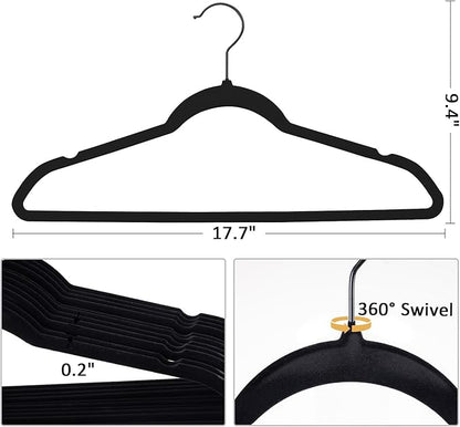 Pack of 30 Velvet Hangers, Space-Saving Heavy Duty Clothes Hangers for Suit, Non-Slip, 0.2 Inches Slim, 17.7 Inches Wide, 360° Swivel Black Hook - Black