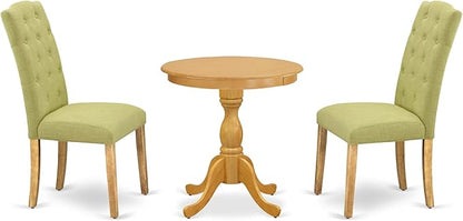 East West Furniture ESCE3-OAK-07 3 Piece Dinette Set for Small Spaces Contains a Round Dining Table with Pedestal and 2 Limelight Linen Fabric Upholstered Chairs, 30x30 Inch, Oak