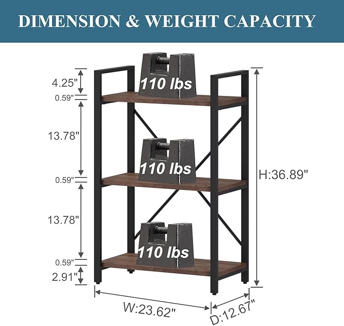 BON AUGURE 3 Tier Industrial Bookshelf, Office Small Open Book Shelf for Small Space, Short Narrow Wooden Etagere Bookcase for Living Room, Bedroom and Kitchen (Rustic Oak)