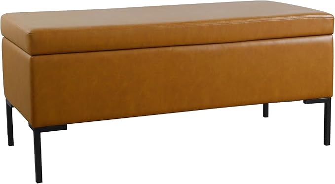 HomePop Upholstered Storage Bench with Metal Leg Home Décor|Bench with Storage for Living Room & Entryway - Faux Leather Brown