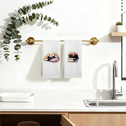Floral Bookish Black Cat Kitchen Dish Towels, Gifts for Books Lovers Reader, Black Cat Gifts for Women Decorative Hand Tea Towels for Bathroom Kitchen, 16x24 Inches Set of 2