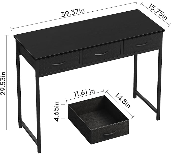 WOHOMO Computer Desk with Drawers, 39.3 Inch Bedroom Desk with Storage, Home Office Desk for Room Spaces, Modern Work Writing Study Tables, Black