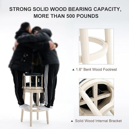 Cow top Leather Wooden Bar Stools, 360 Degree Swivel Bar Height Chair with Backs for Home Kitchen Counter, Morden Chair Barstools (Ivory Wood 2pcs-Blue Seat, Bar Height-Seat Height 29.5”)