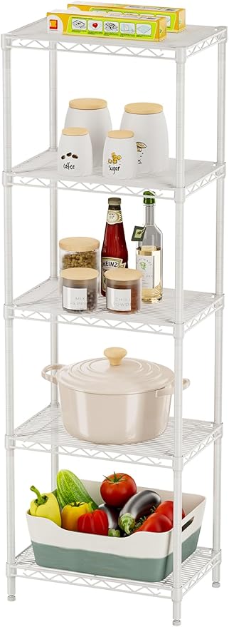 SINGAYE 5 Shelves Storage Shelf Wire Closet Bathroom Organizers Metal Pantry Kitchen Small Garage Shelving Unit Laundry Room Organization Home Corner Rack Estantes para Cocina White 10" Dx16 Wx55”H